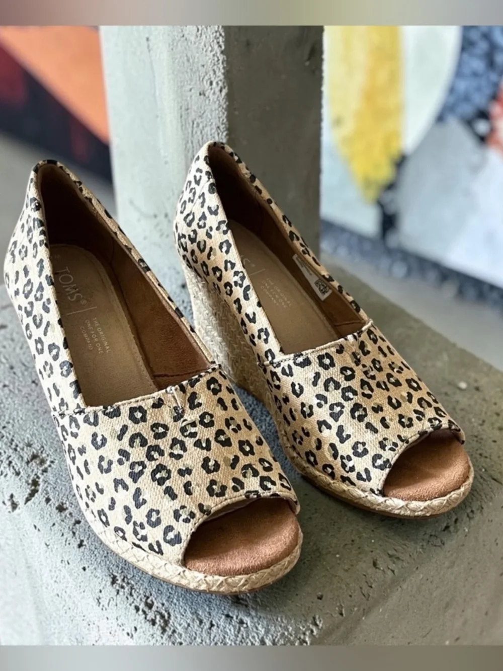 Toms Tan and Black Leopard Animal Print Wedge Peep Toe Sandals